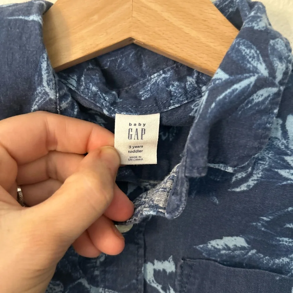 GAP Boys 3T Linen Cotton Blue Floral Short-Sleeve Button-Down Shirt